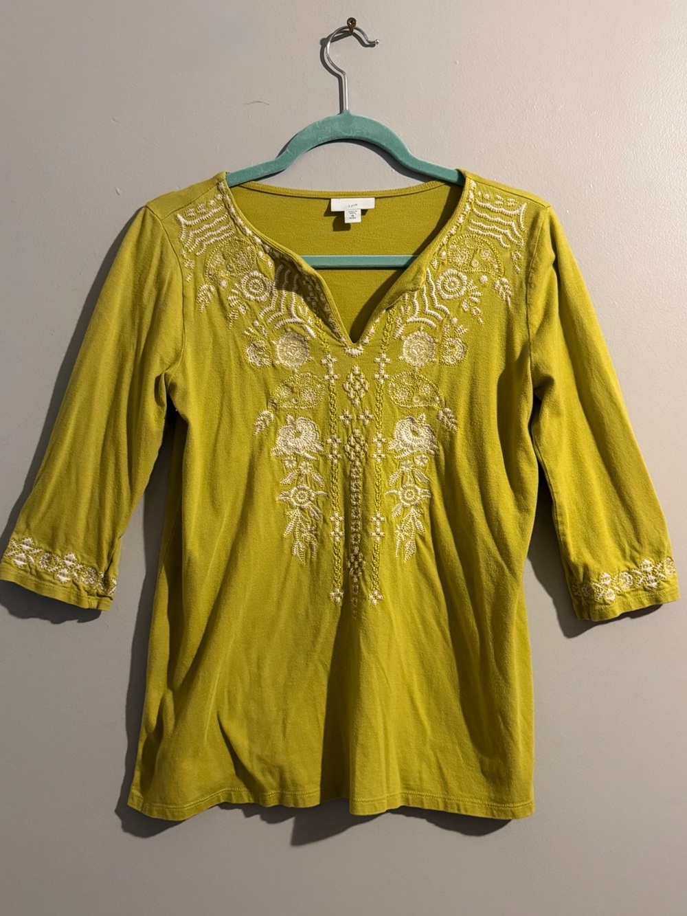 J. Jill Petite Embroidered Tunic Top Chartreuse Cotton Tencel 3/4 Sleeve Shir